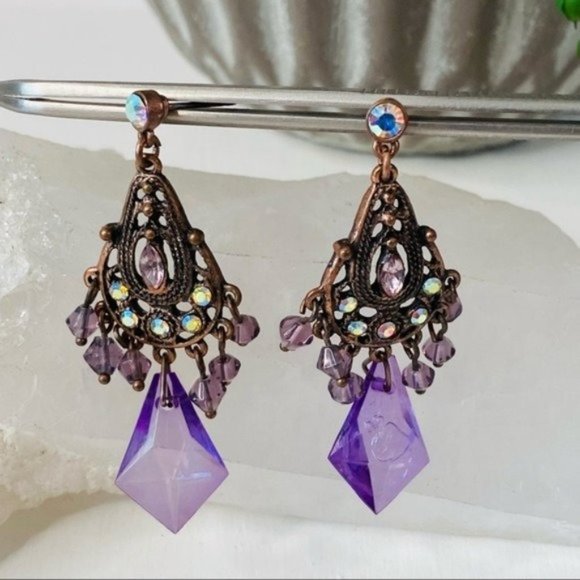 Copper Tone Metal and Purple Crystal Chandelier Earrings - Picture 2 of 8